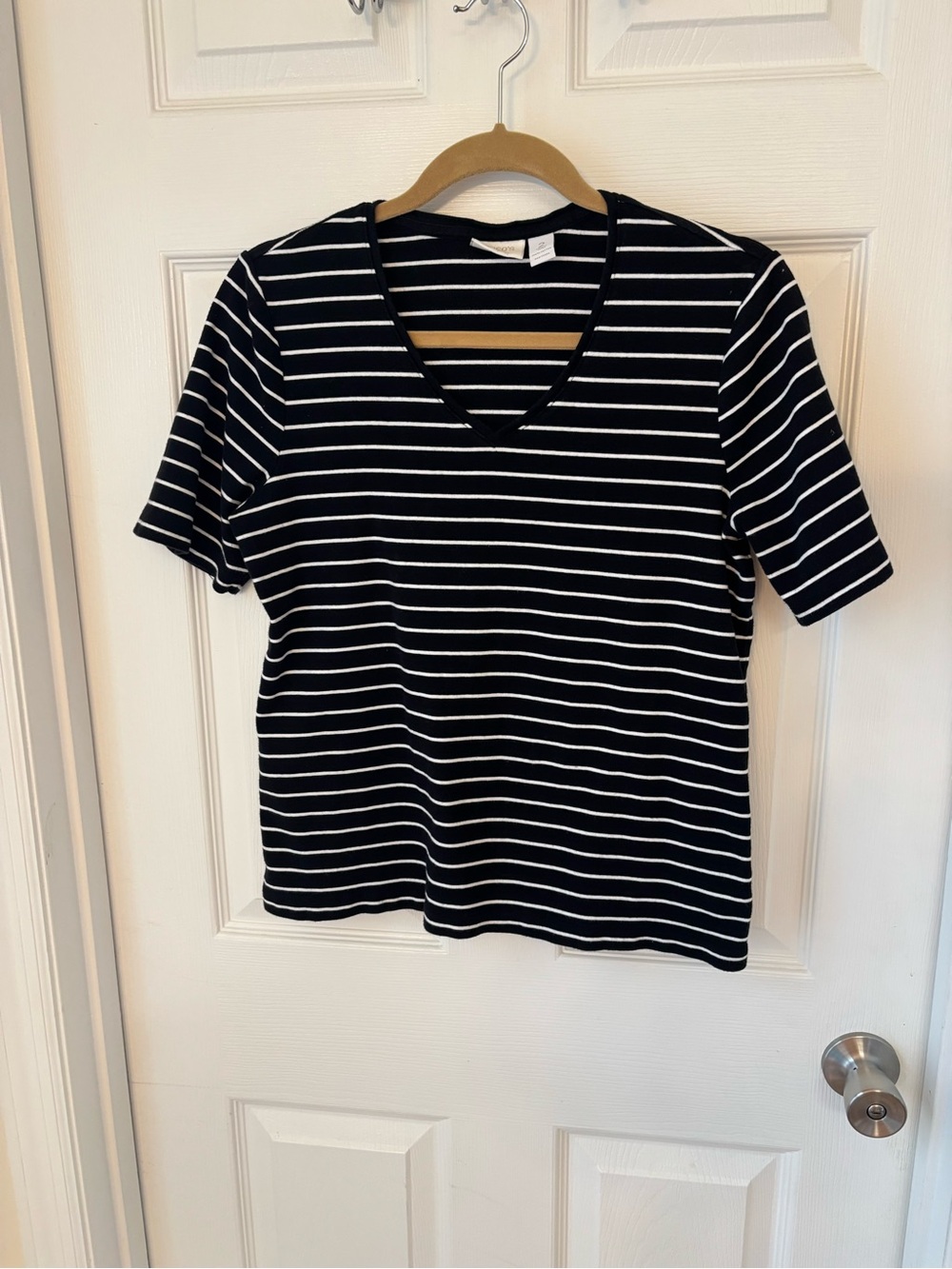 Chico's Black and White Striped V-Neck Tee